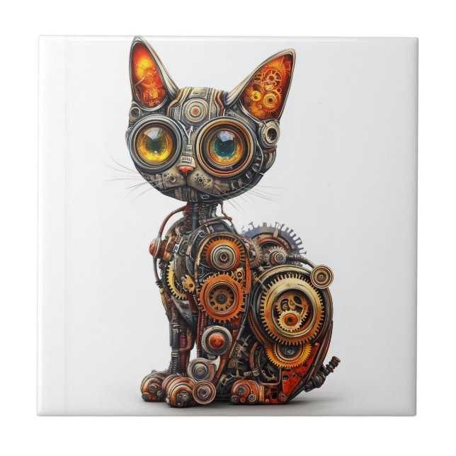 Ångdriven Purr � Steampunk Robotkatt Kakelplatta (Framsidan)