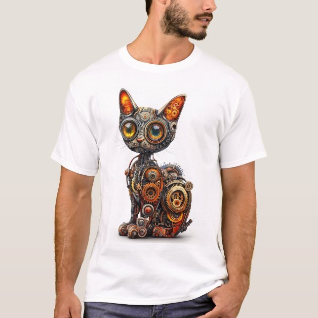 Ångdriven Purr � Steampunk Robotkatt T Shirt (Framsida)