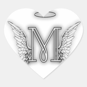 Angel Alphabet M Initial Brev Vingar Halo Hjärtformat Klistermärke