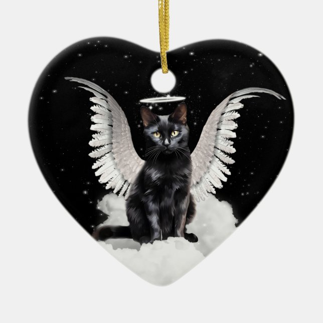 Angel Cat Black Domestic Pet Memorial Julgransprydnad Keramik (Framsidan)
