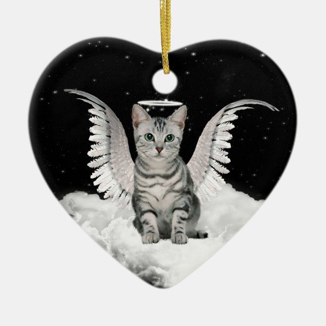 Angel Cat Grått Tabby Pet Memorial Julgransprydnad Keramik (Framsidan)