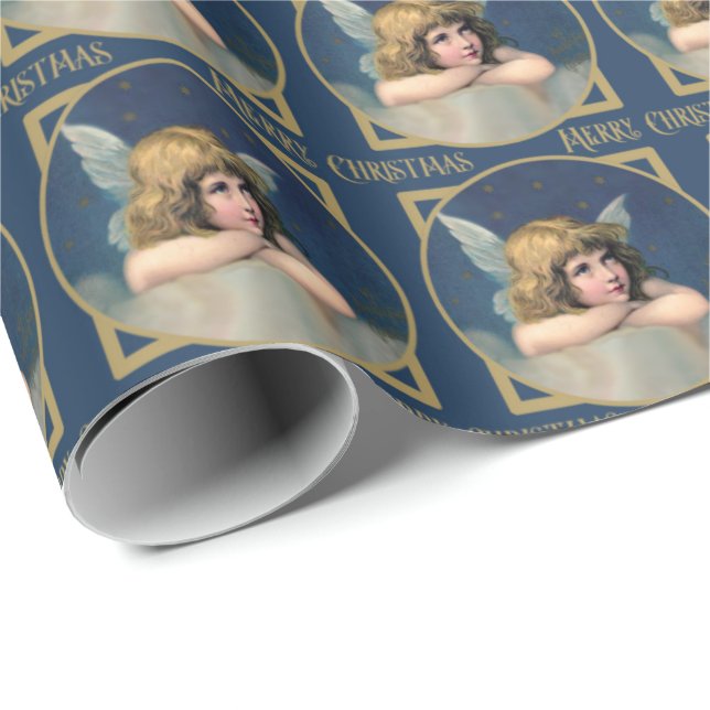 Angel Cherub God jul Blue Guld Presentpapper (Rullad Hörn)