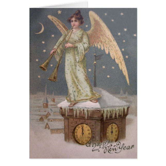 Angel Cherub Horn Clock Torn Måne Stars Hälsningskort (Framsidan)