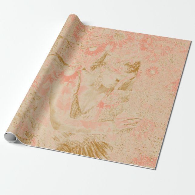 Angel Elegant Himmelsk Sepia Rosa Blommigt Antique Presentpapper (Utrullad)