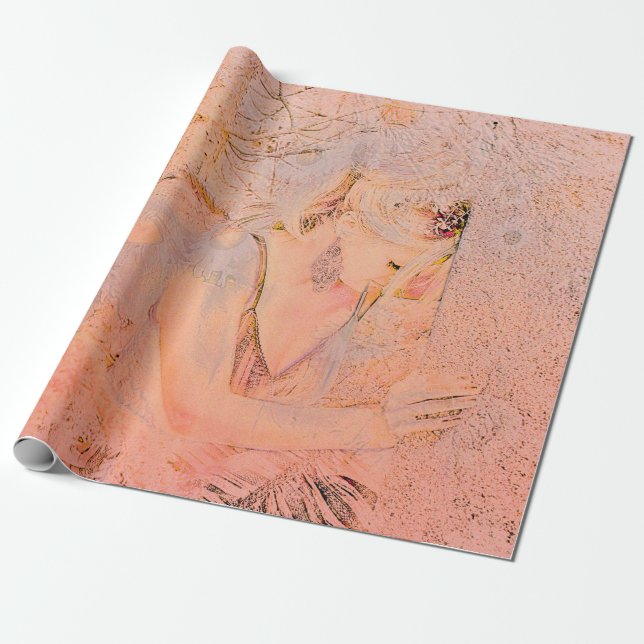 Angel Elegant Ro Guld Peach Blommigt Antique Presentpapper (Utrullad)