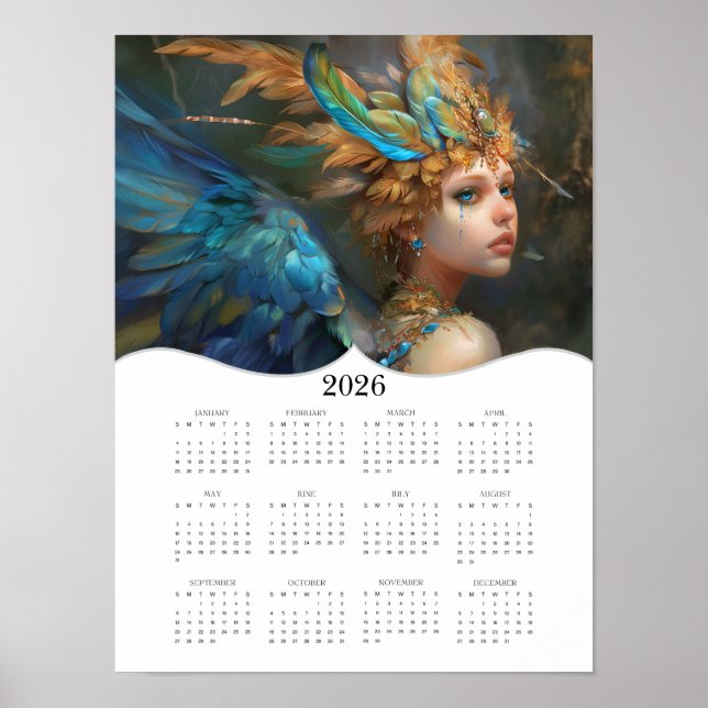 Angel Fairy Fantasy Art Fullt Year Calendar 2026 Poster (Framsidan)