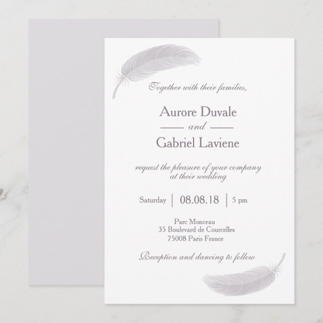 Angel Feather Lilac White Grått Elegant bröllop Inbjudningar (Fram/baksida)