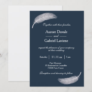 Angel Feather Navy Blue White Whimsical Bröllop Inbjudningar
