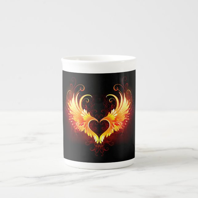 Angel Fire Heart med Vingar Benporslin Mugg (Framsidan)