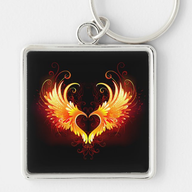 Angel Fire Heart med Vingar Fyrkantig Silverfärgad Nyckelring (Framsidan)
