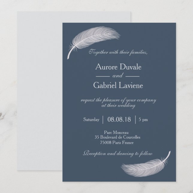 Angel Fjäderblått grått-positiv energi bröllop Inbjudningar (Fram/baksida)