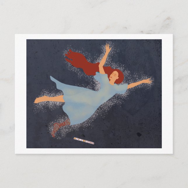 Angel flyer-rödhårig kvinnlig dans i himmel vykort (Framsida)