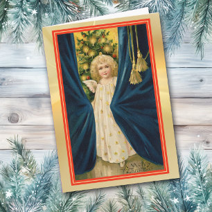 Angel Girl Blue Drapes Vintage julkort Kort