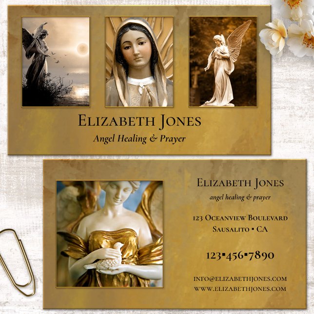 Angel Healing Prayer Grief Counselor Photo Visitkort (Prayer card or angel healer business card featuring images of Mother Mary and angels or your photos)