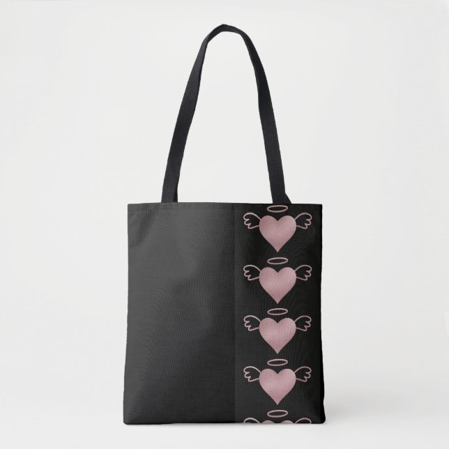Angel Heart Tote Bag Black and Rosa Tygkasse (Framsida)