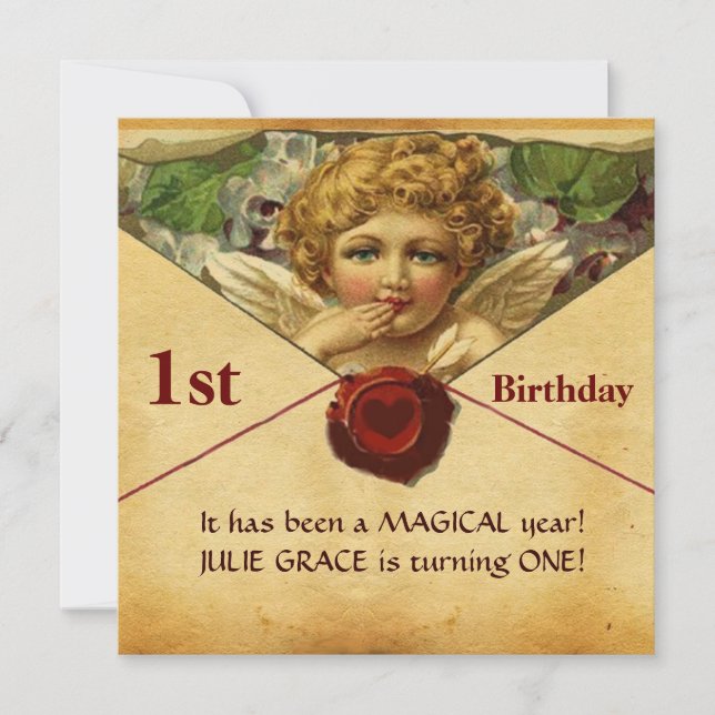 ANGEL HEART VAX SEAL PARCHMENT First Birthday Inbjudningar (Framsida)