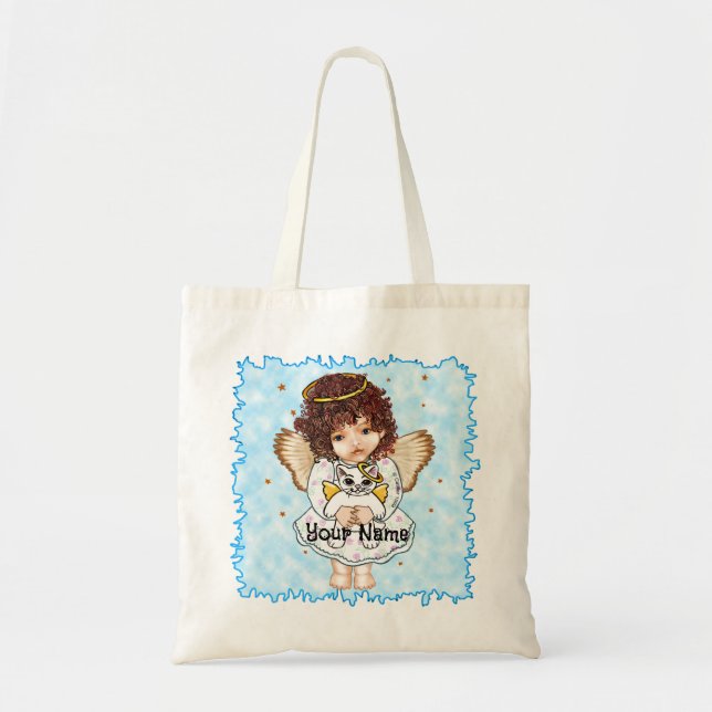 Angel Holding Cat Tote Bag Tygkasse (Framsidan)