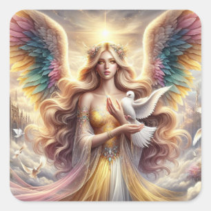 Angel Holding Dove - Angel Series Art Collection Fyrkantigt Klistermärke