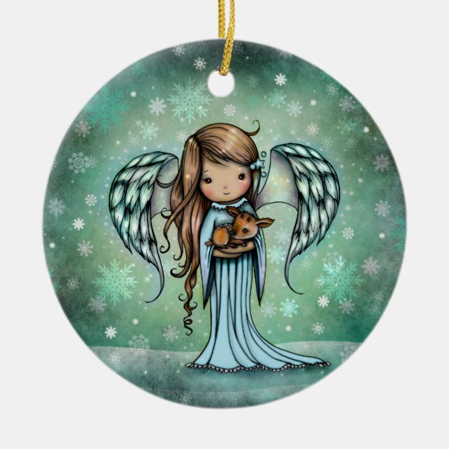 Angel Holding Fawn Illustrated Art Julgransprydnad Keramik (Framsidan)