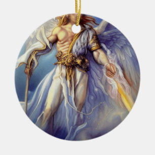 Angel i blått bär ett ord julgransprydnad keramik