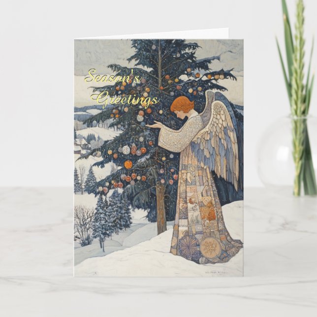 Angel i en snöig julklapp kort (Framsida)
