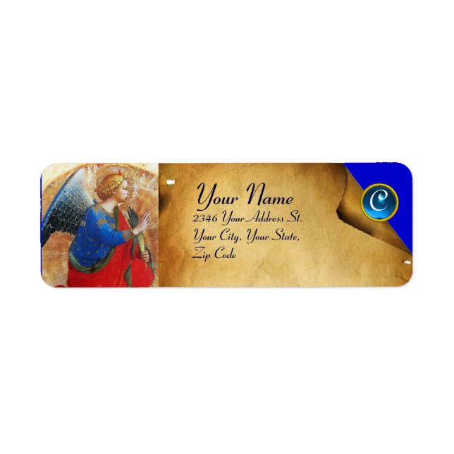 ÄNGEL I GULD- RÖD OCH BLÅTTMONOGRAM RETURADRESS ETIKETT (Framsidan)