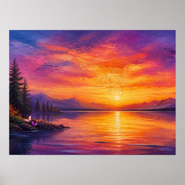 Ängel i himlen vid solnedgång ser ner på oss Vägg Poster (Framsidan)