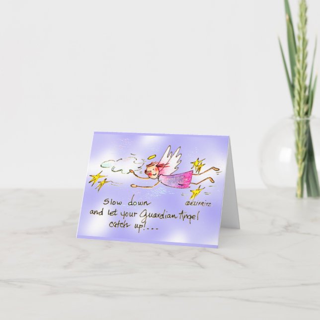 Angel i Lila & Guld Stars sjunker långsamt ned ski Anteckningskort (Framsida)