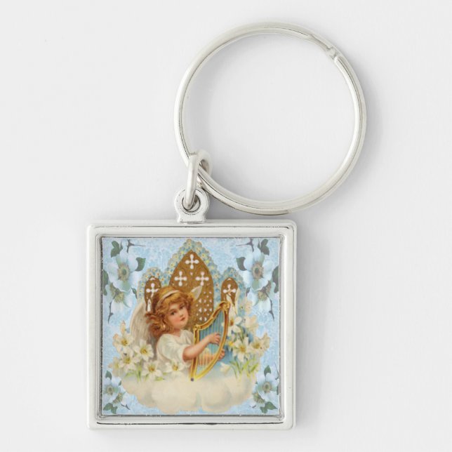 Angel i molnnyckelkedjan fyrkantig silverfärgad nyckelring (Framsidan)