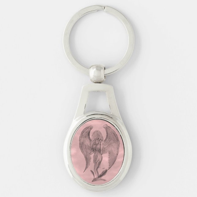 Angel i Tattoo Stil Ovalt Silverfärgad Nyckelring (Framsidan)