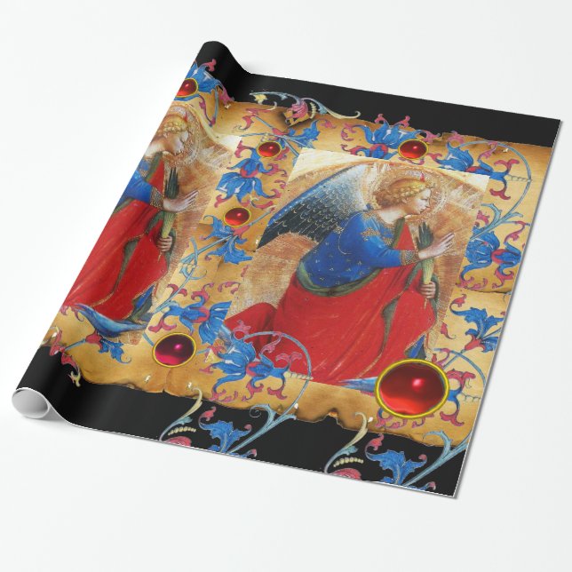 ANGEL IN RED,GULD, BLUE BLOMMIGT PARCHMENT RED GEM PRESENTPAPPER (Utrullad)