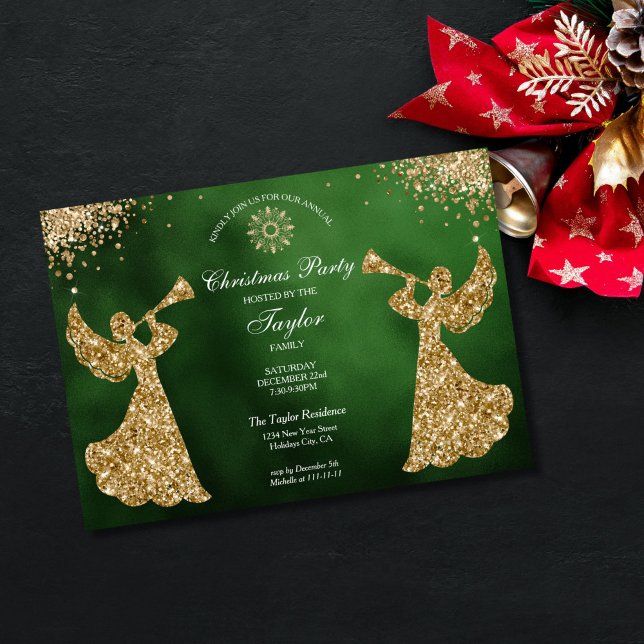 Angel Julgran-familjens middag Party Inbjudningar (religious family christmas party invitation with green background and gold trumpet angels)