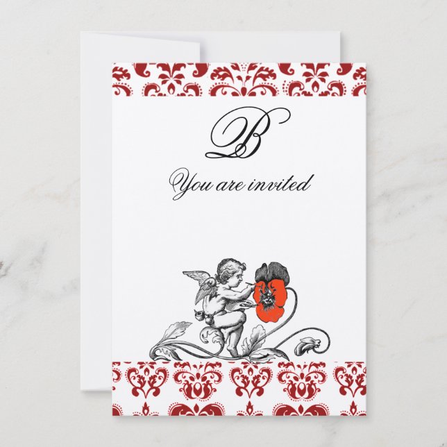 ÄNGEL MÅLAR EN RÖD BLOMMA DAMAST MONOGRAM filt Inbjudningar (Framsida)