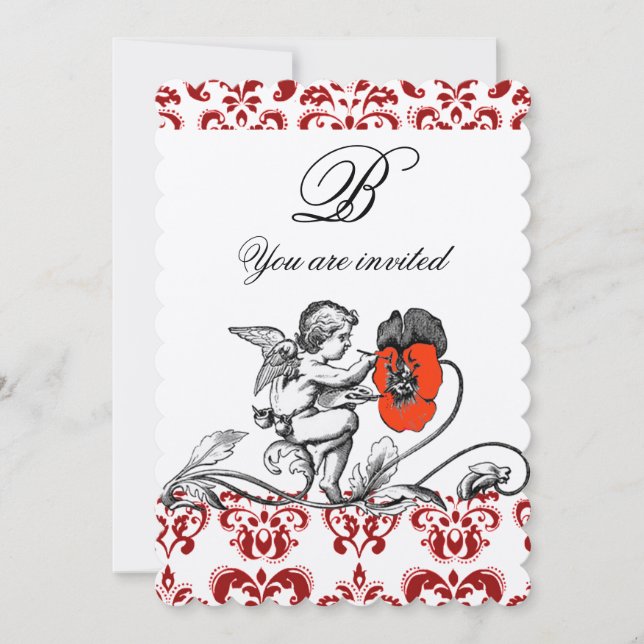 ÄNGEL MÅLAR EN RÖD BLOMMA DAMAST MONOGRAM filt Inbjudningar (Framsida)