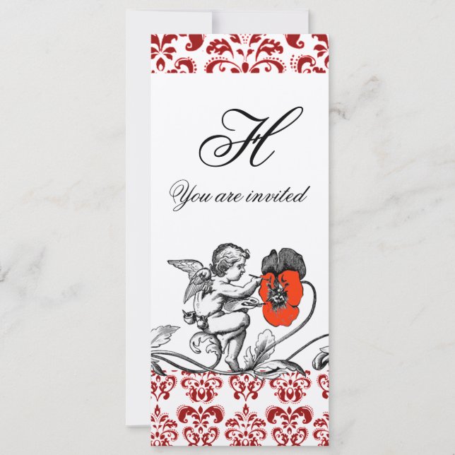 ÄNGEL MÅLAR EN RÖD BLOMMA DAMASTSK MONOGRAM INBJUDNINGAR (Framsida)