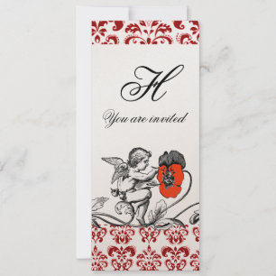 ÄNGEL MÅLAR EN RÖD BLOMMA DAMASTSK MONOGRAM INBJUDNINGAR