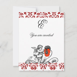 ÄNGEL MÅLAR EN RÖD BLOMMA DAMASTSK MONOGRAM INBJUDNINGAR