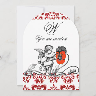 ÄNGEL MÅLAR EN RÖD BLOMMA DAMASTSK MONOGRAM INBJUDNINGAR