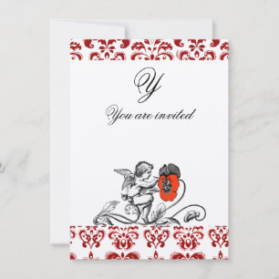 ÄNGEL MÅLAR EN RÖD BLOMMA DAMASTSK MONOGRAM INBJUDNINGAR