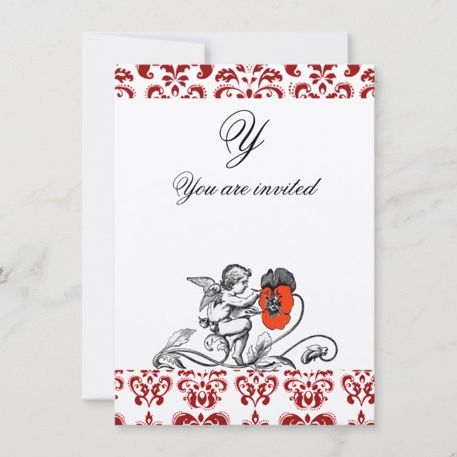 ÄNGEL MÅLAR EN RÖD BLOMMA DAMASTSK MONOGRAM INBJUDNINGAR (Framsida)
