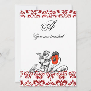 ÄNGEL MÅLAR EN RÖD BLOMMA DAMASTSK MONOGRAM INBJUDNINGAR
