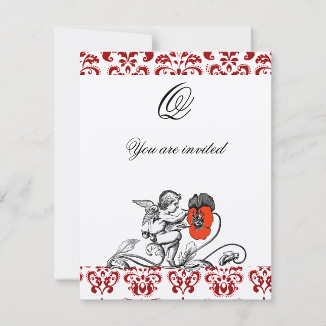 ÄNGEL MÅLAR EN RÖD BLOMMA DAMASTSK MONOGRAM INBJUDNINGAR (Framsida)
