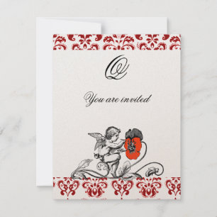 ÄNGEL MÅLAR EN RÖD BLOMMA DAMASTSK MONOGRAM INBJUDNINGAR