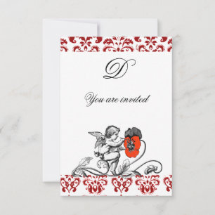 ÄNGEL MÅLAR EN RÖD BLOMMA DAMASTSK MONOGRAM INBJUDNINGAR