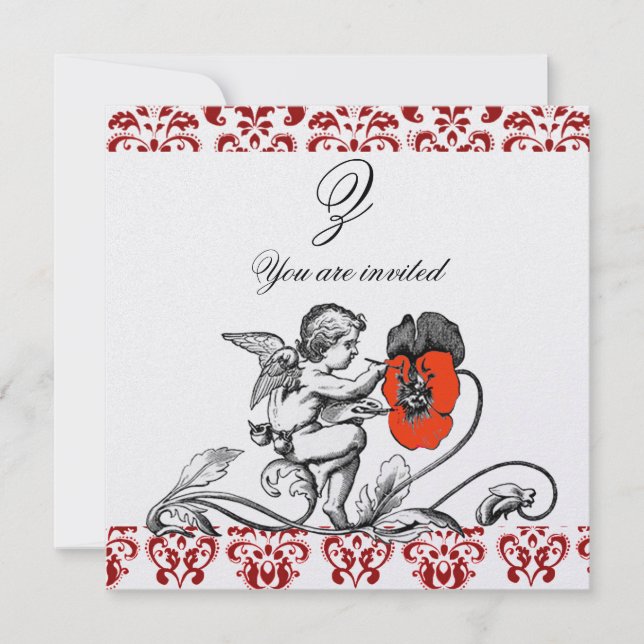 ÄNGEL MÅLAR EN RÖD BLOMMA DAMASTSK MONOGRAM is Inbjudningar (Framsida)