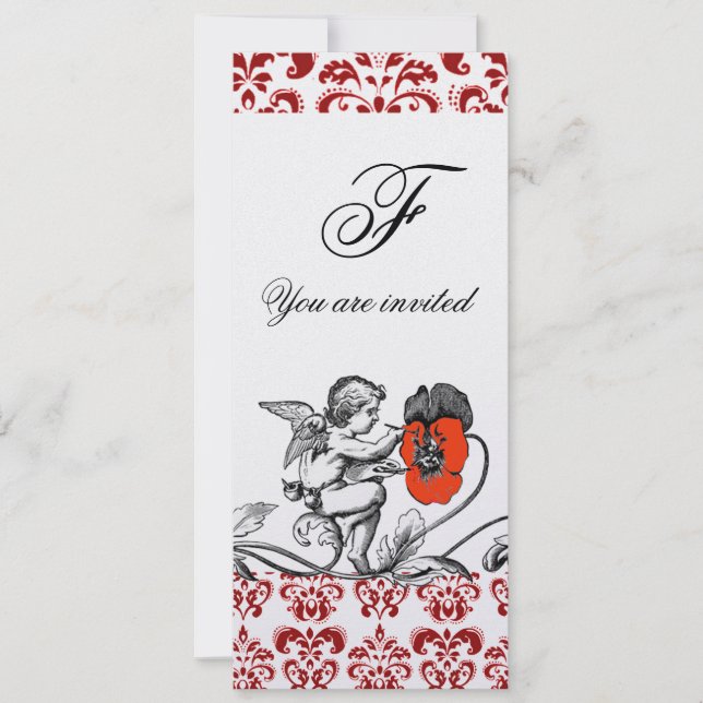 ÄNGEL MÅLAR EN RÖD BLOMMA DAMASTSK MONOGRAM is int Inbjudningar (Framsida)