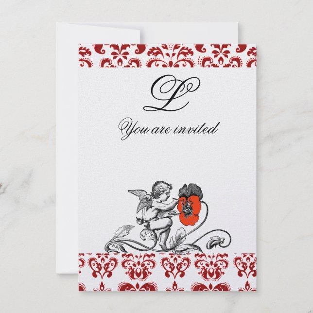 ÄNGEL MÅLAR EN RÖD BLOMMA DAMASTSK MONOGRAM isblom Inbjudningar (Framsida)