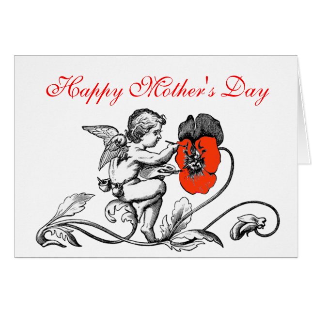 ÄNGEL MÅLAR EN RÖD BLOMMA MORS DAG HÄLSNINGSKORT (Framsidan Horizontal)