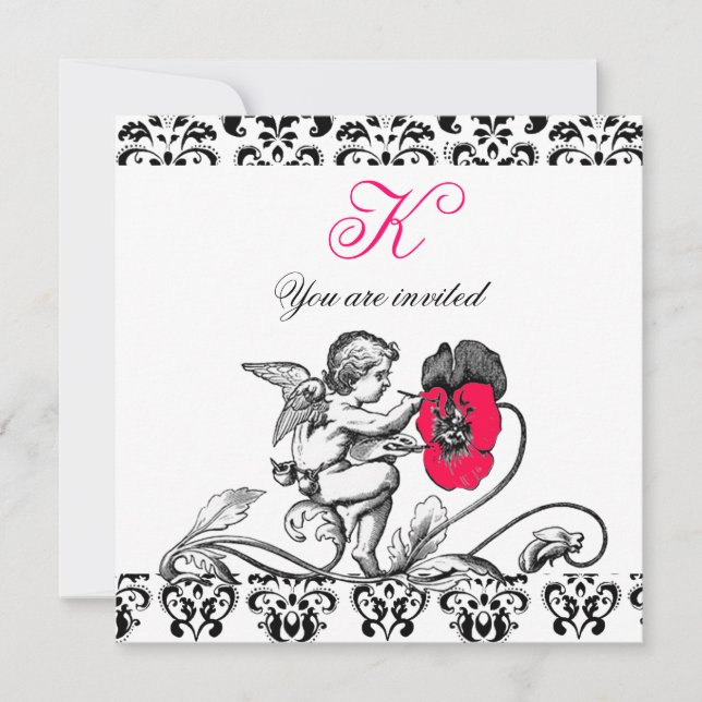 ÄNGEL MÅLAR EN ROSA BLOMMA DAMASKUS MONOGRAM INBJUDNINGAR (Framsida)
