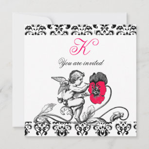ÄNGEL MÅLAR EN ROSA BLOMMA DAMASKUS MONOGRAM INBJUDNINGAR
